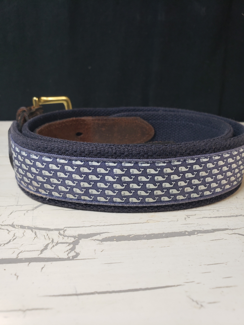 Vineyard Vines Navy Whale-Print Webbing Belt with Brown Leather - Picture 7 of 16